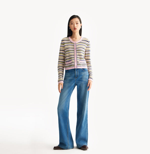 Wool-cashmere blend colorful striped cardigan, long sleeves, and decorative pocket detailing. front-view