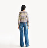 Wool-cashmere blend colorful striped cardigan, long sleeves, and decorative pocket detailing. rear-view