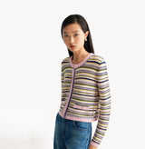 Wool-cashmere blend colorful striped cardigan, long sleeves, and decorative pocket detailing. left-view