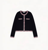 Black wool-cashmere cardigan with contrast tweed trims at placket, hem, cuffs and pockets.