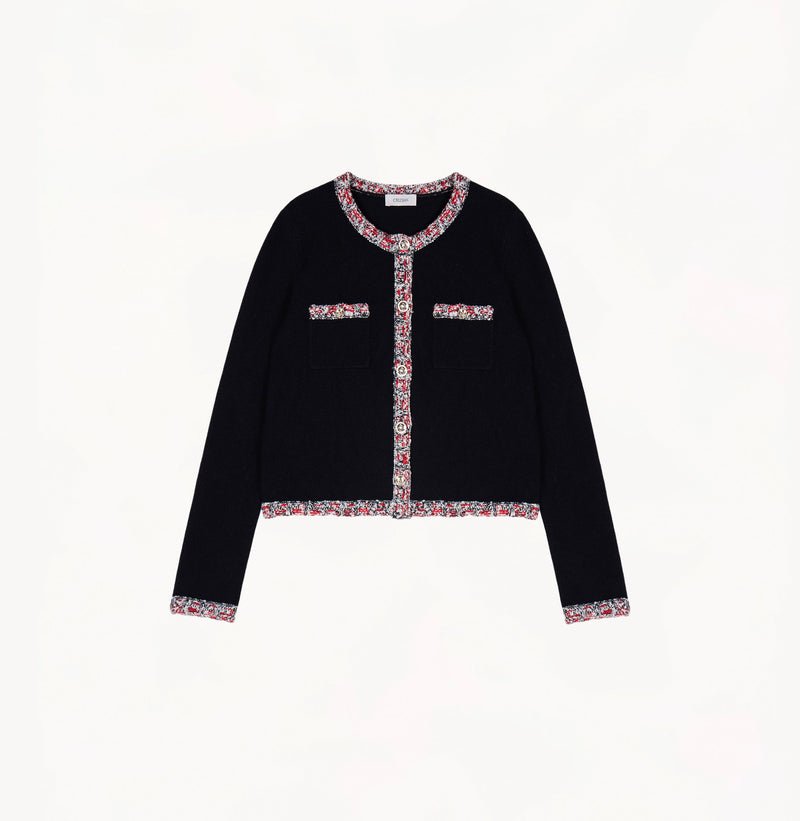 Black wool-cashmere cardigan with contrast tweed trims at placket, hem, cuffs and pockets.