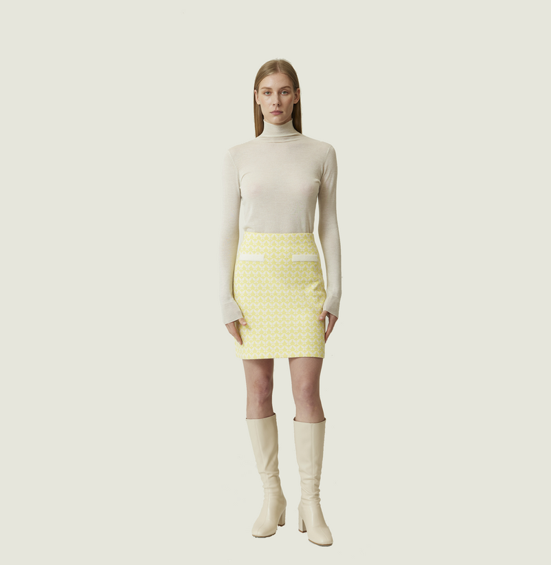 Jacquard skirt in yellow and white  with high waist. left-view