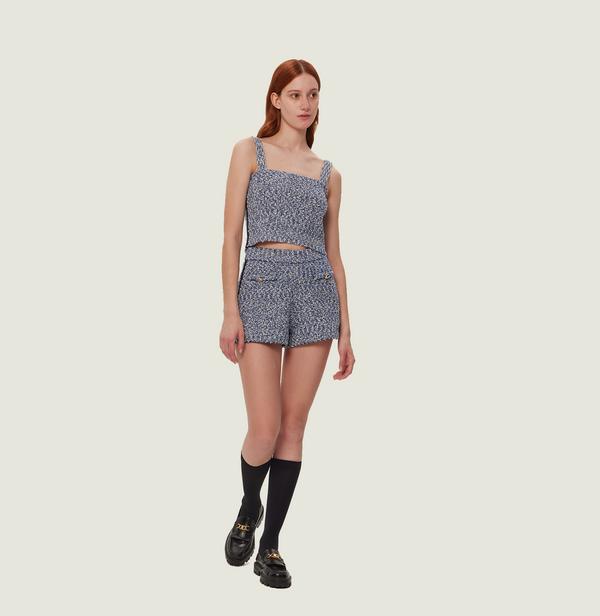 Boucle knitted shorts in blue with pockets. front-view