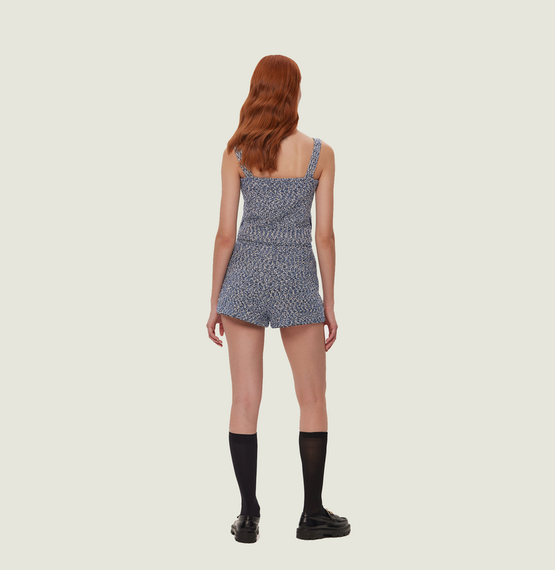 Boucle knitted shorts in blue with pockets. rear-view
