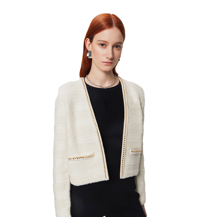 Bouclé tweed cropped jacket in white, front view