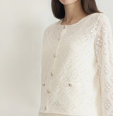 Diamond-Pattern Pointelle Crewneck Cardigan