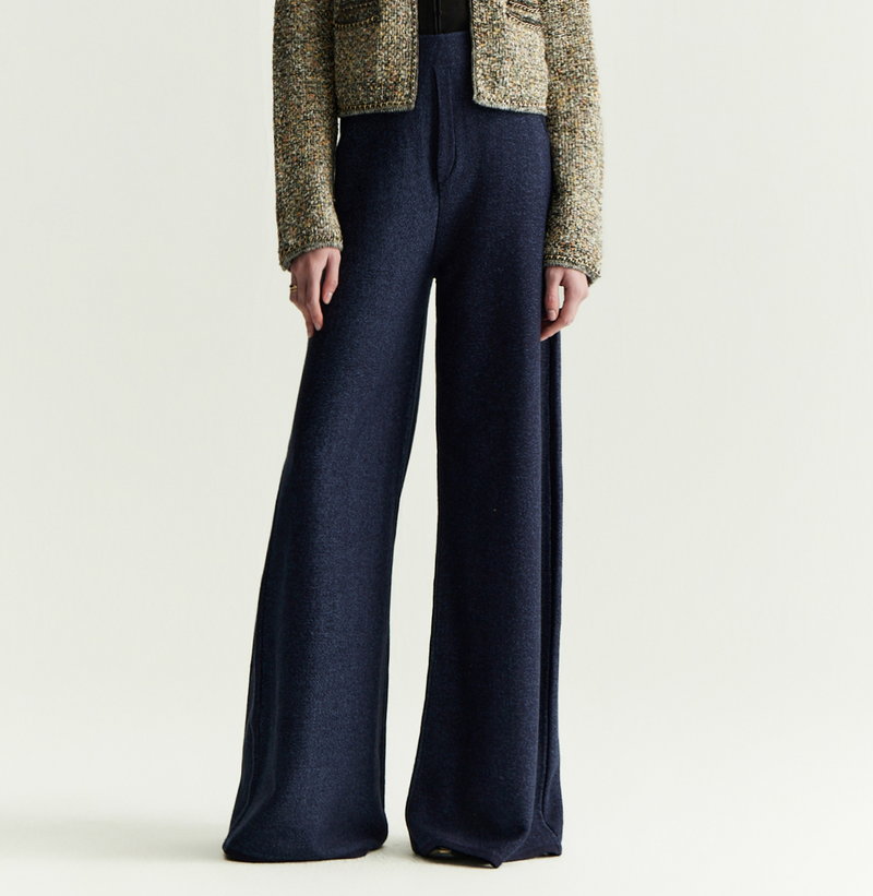 DENIM-LOOK WIDE-LEG FLARED TROUSERS