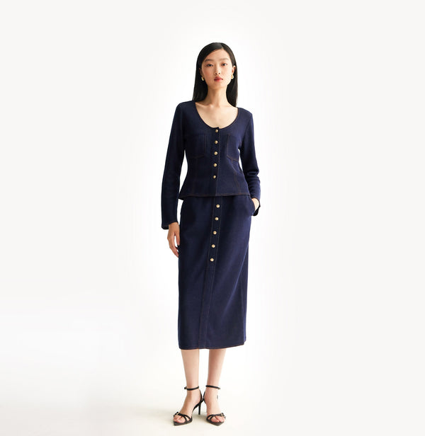 Navy blue denim midi skirt in cotton blend. front-view