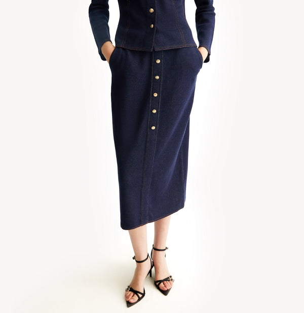 Navy blue denim midi skirt in cotton blend. left-view