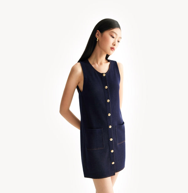 Navy blue denim mini dress in cotton blend. left-view