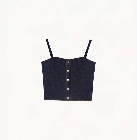 Navy blue denim tank top in cotton blend with sesame-dot knit.