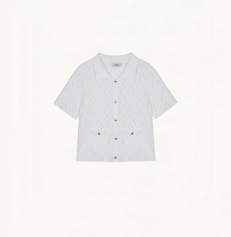 White cotton-linen diamond pointelle shirt with metallic trim and Polo collar.