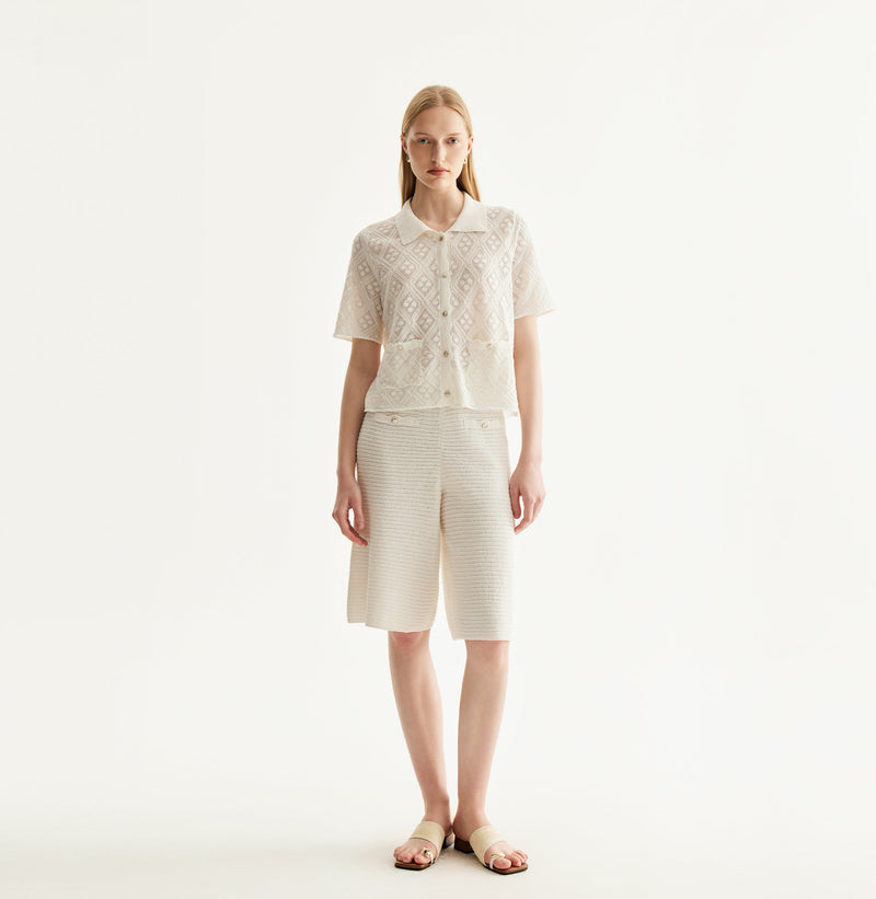 White cotton-linen diamond pointelle shirt with metallic trim and Polo collar. front-view