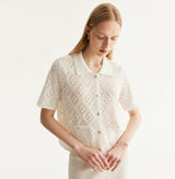 White cotton-linen diamond pointelle shirt with metallic trim and Polo collar. left-view