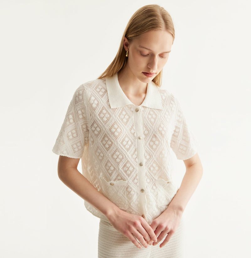 White cotton-linen diamond pointelle shirt with metallic trim and Polo collar. left-view