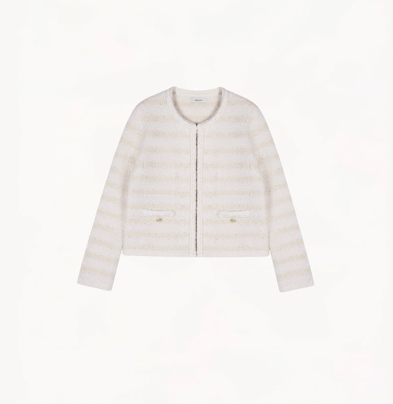White female bouclé wool jacket with metallic threads, striped jacquard and shoulder pads.