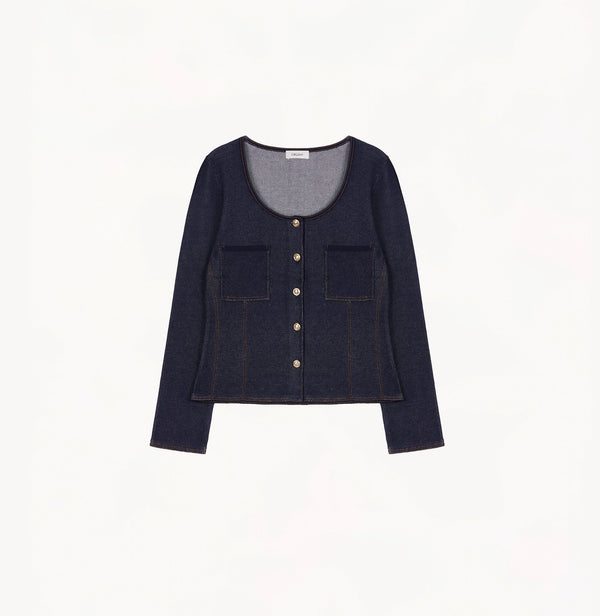 Navy blue U-neck fitted denim jacket with sesame-dot texture.