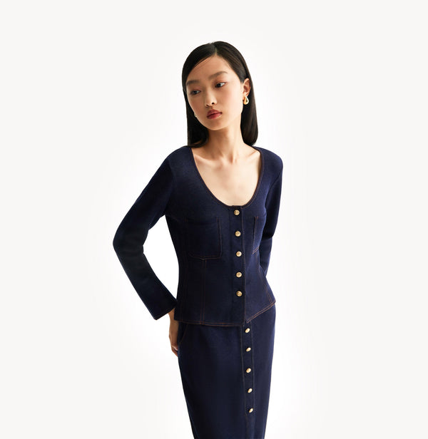 Navy blue U-neck fitted denim jacket with sesame-dot texture. left-view
