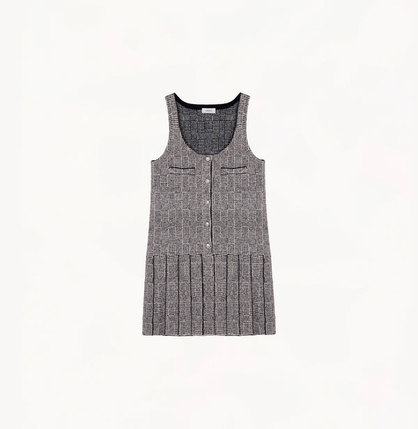 Dark grey wool bouclé vest dress with U-neckline and A-line hem.