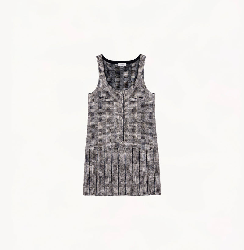 Dark grey wool bouclé vest dress with U-neckline and A-line hem.