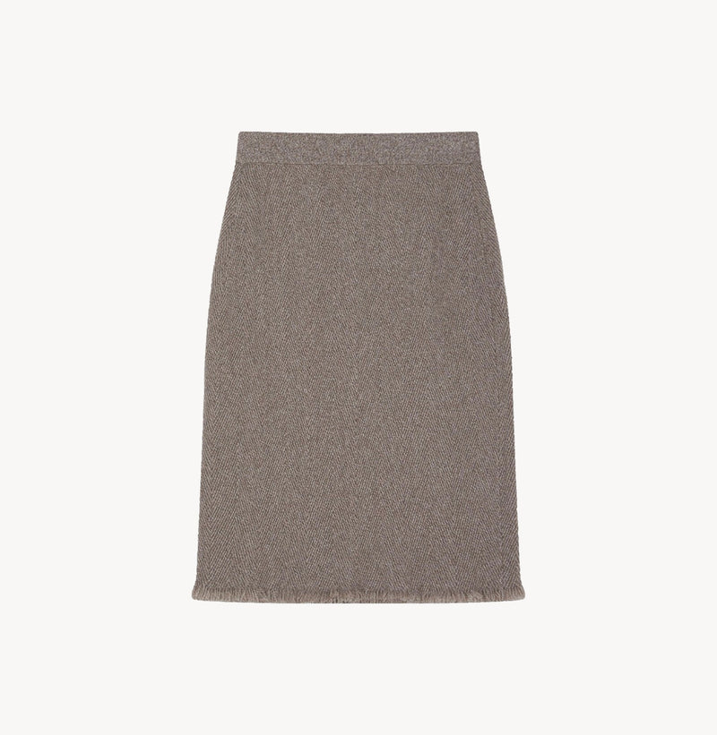 Cashmere wool blend herringbone skirt in Grey camel melange.