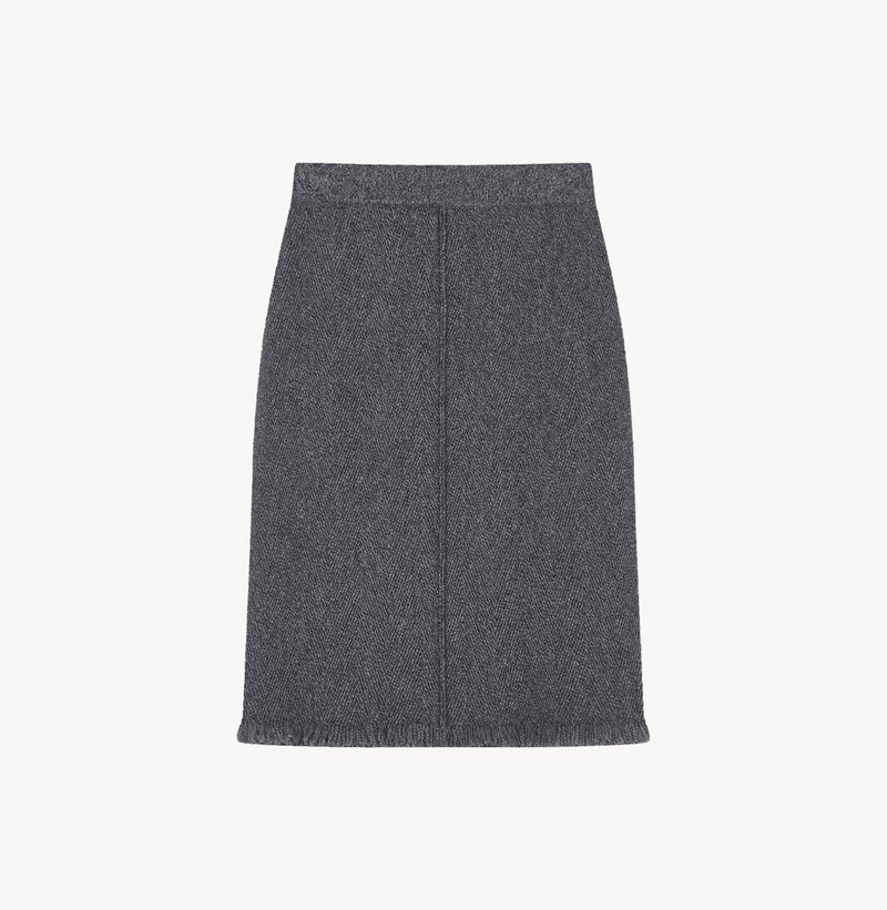 Cashmere wool blend herringbone skirt in Grey melange.