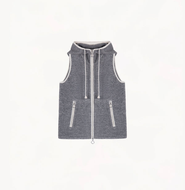 Grey wool-blend fleece hooded vest.