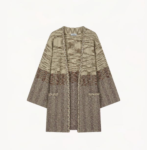 Metallic tweed kimono jacket in camel.