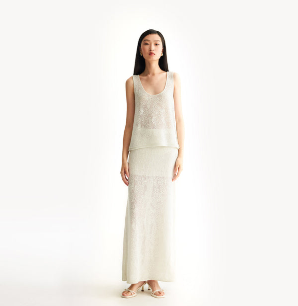 White lace tank top with sequin yarn, U-neck & pointelle trim. front-view