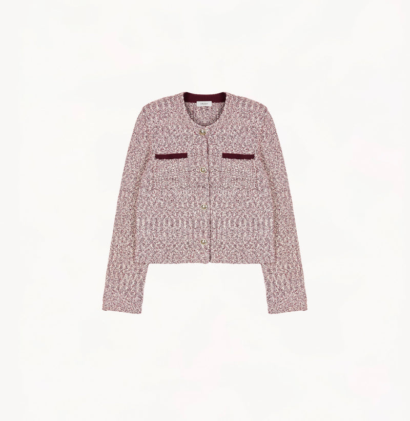 Burgundy ladies cropped boucle jacket in cashmere blend with shoulder padding, folded edges, and double-layered pocket flaps.