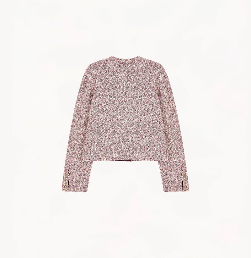 Burgundy ladies cropped boucle jacket in cashmere blend with shoulder padding, folded edges, and double-layered pocket flaps.