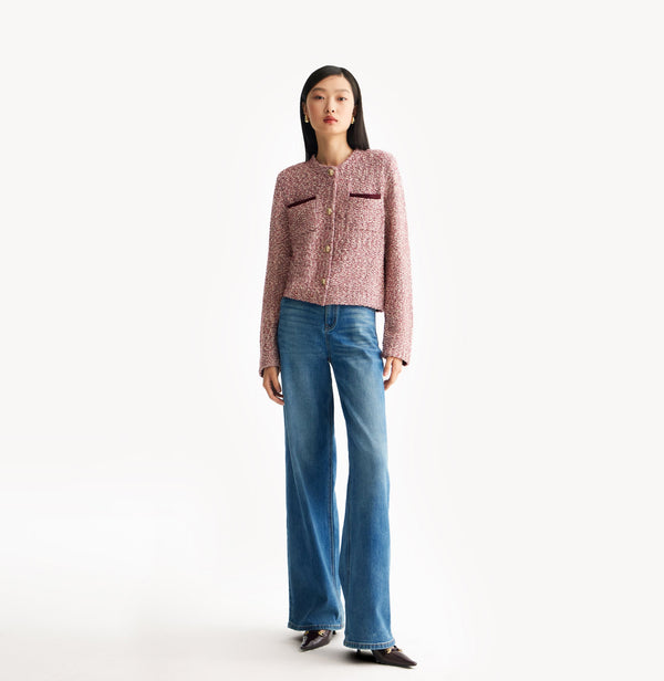 Burgundy ladies cropped boucle jacket in cashmere blend with shoulder padding, folded edges, and double-layered pocket flaps. front-view.