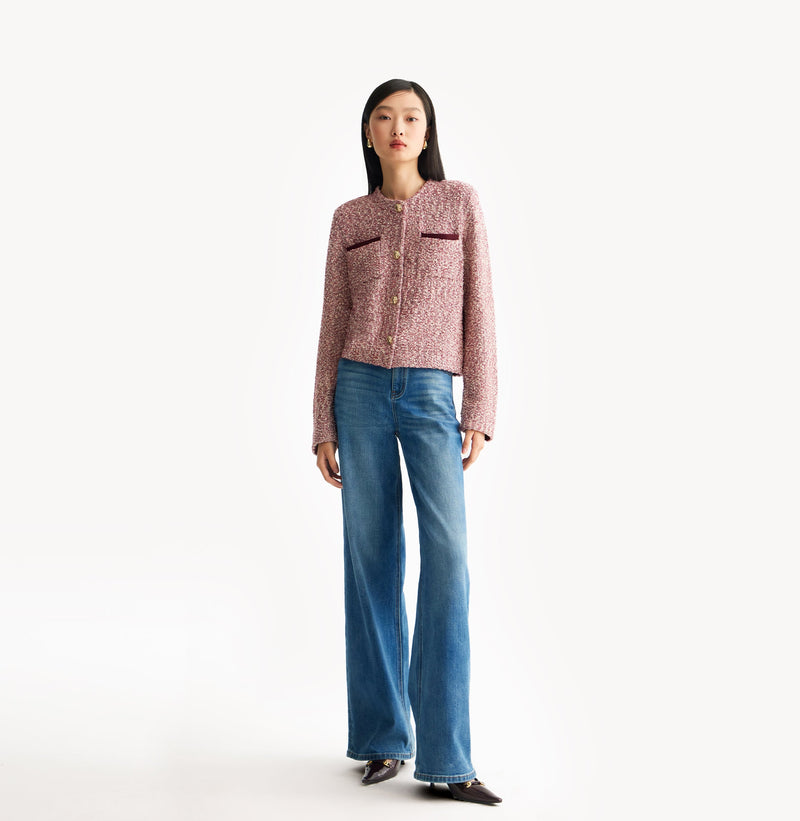 Burgundy ladies cropped boucle jacket in cashmere blend with shoulder padding, folded edges, and double-layered pocket flaps. front-view.