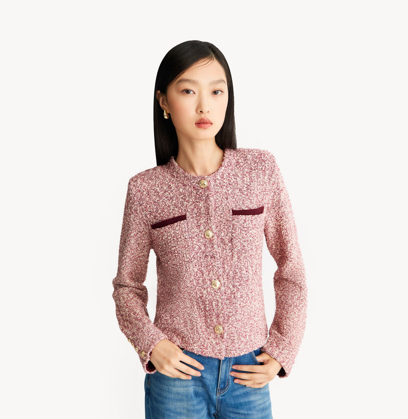 Burgundy ladies cropped boucle jacket in cashmere blend with shoulder padding, folded edges, and double-layered pocket flaps. left-view.

