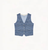 Blue ladies tweed vest with relaxed V-neck, dropped shoulders, contrast ribbed trims, and signature gold buttons.
