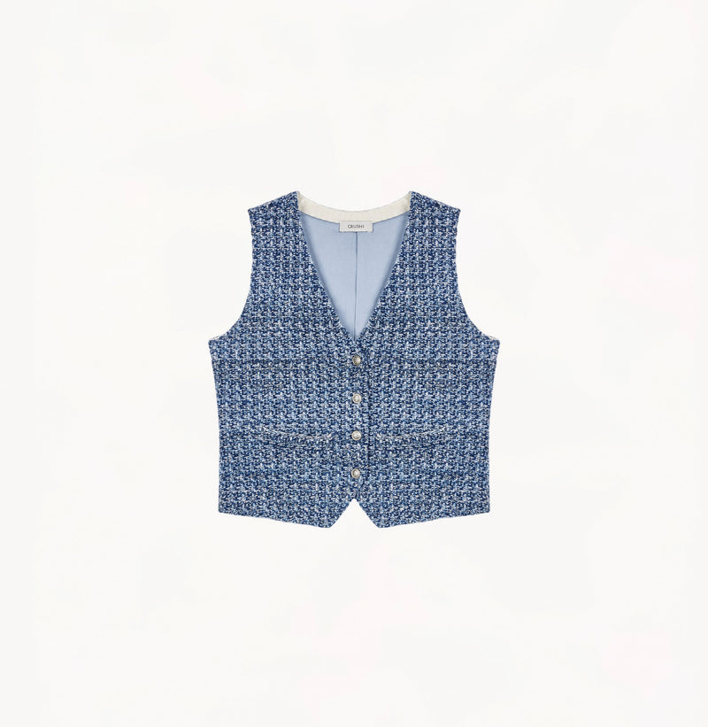 Blue ladies tweed vest with relaxed V-neck, dropped shoulders, contrast ribbed trims, and signature gold buttons.