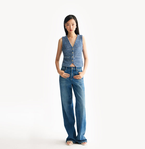 Blue ladies tweed vest with relaxed V-neck, dropped shoulders, contrast ribbed trims, and signature gold buttons. front-view