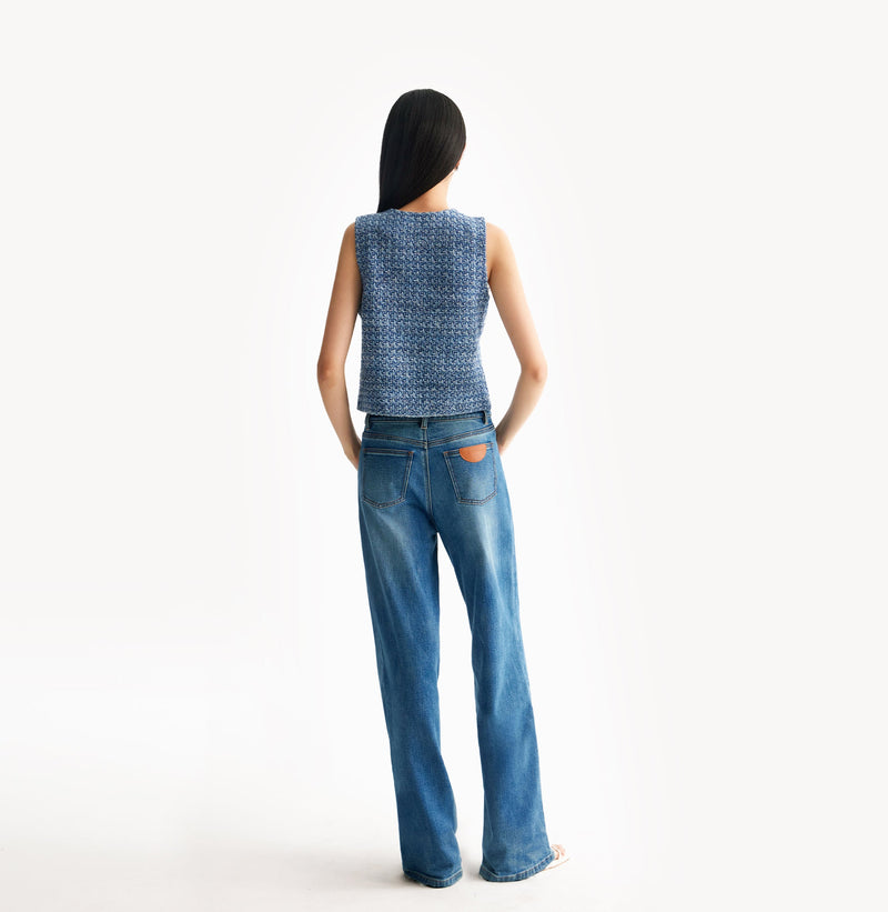 Blue ladies tweed vest with relaxed V-neck, dropped shoulders, contrast ribbed trims, and signature gold buttons. rear-view