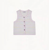 Light pink bouclé silk-cotton vest with textured stripes, relaxed hem, sleeveless design, and lace trim.