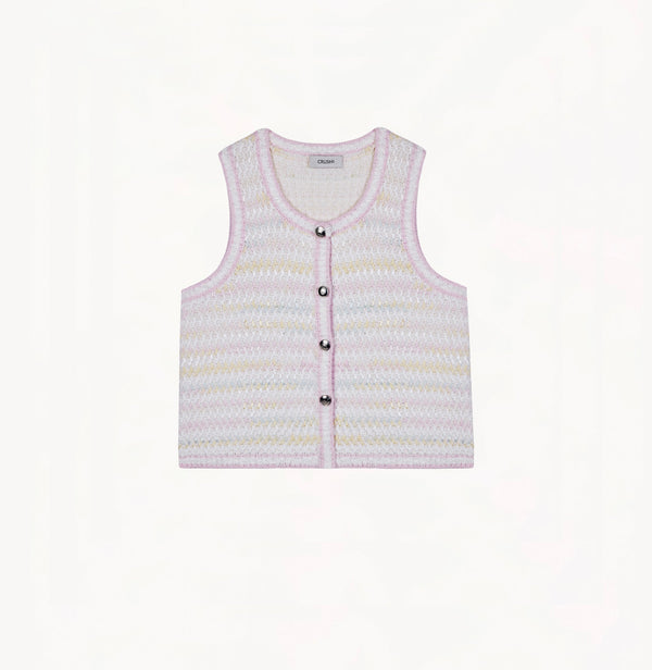 Light pink bouclé silk-cotton vest with textured stripes, relaxed hem, sleeveless design, and lace trim.