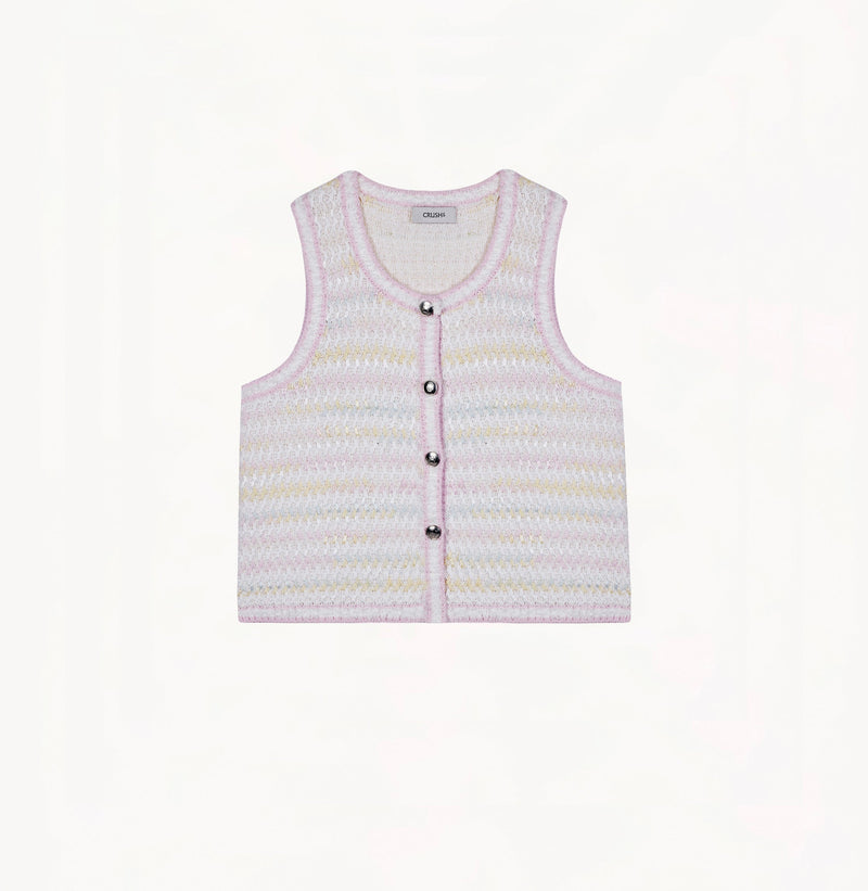 Light pink bouclé silk-cotton vest with textured stripes, relaxed hem, sleeveless design, and lace trim.