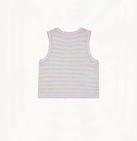 Light pink bouclé silk-cotton vest with textured stripes, relaxed hem, sleeveless design, and lace trim.