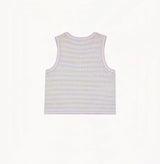 Light pink bouclé silk-cotton vest with textured stripes, relaxed hem, sleeveless design, and lace trim.