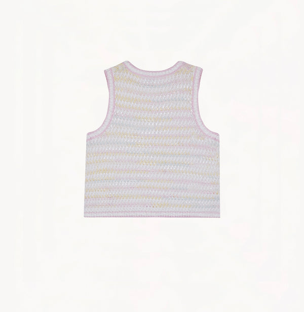 Light pink bouclé silk-cotton vest with textured stripes, relaxed hem, sleeveless design, and lace trim.