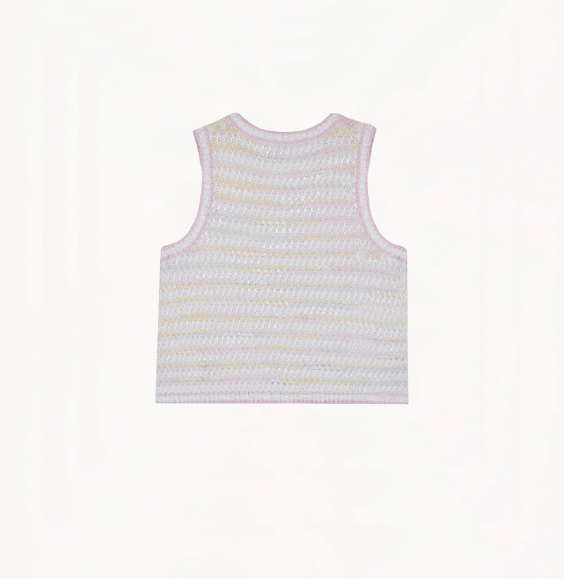 Light pink bouclé silk-cotton vest with textured stripes, relaxed hem, sleeveless design, and lace trim.