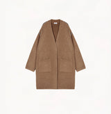 Mocha Italian bouclé long wool coat with brushed texture and speckled tweed trim.