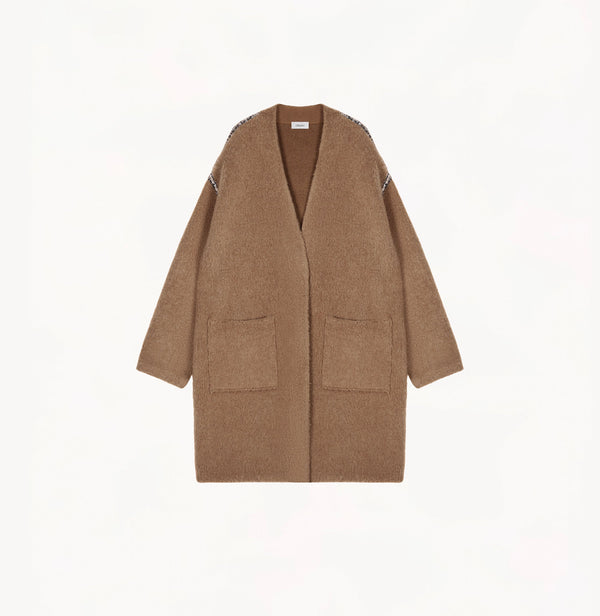 Mocha Italian bouclé long wool coat with brushed texture and speckled tweed trim.