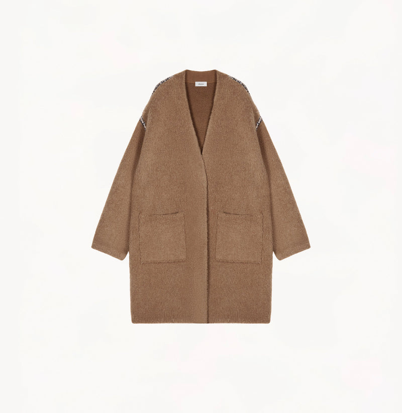 Mocha Italian bouclé long wool coat with brushed texture and speckled tweed trim.