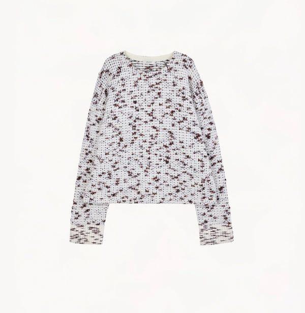 Camel melange mens crewneck sweater in wool blend with fancy yarn oversized fit seamless neckline and turned up cuffs.