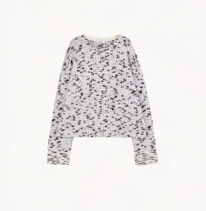 Camel melange mens crewneck sweater in wool blend with fancy yarn oversized fit seamless neckline and turned up cuffs.